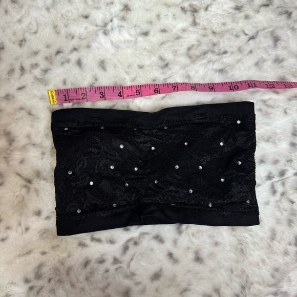 Bandeau tube top rhinestone crystal diamond bling black silver lace stretchy y2k - Picture 6 of 6